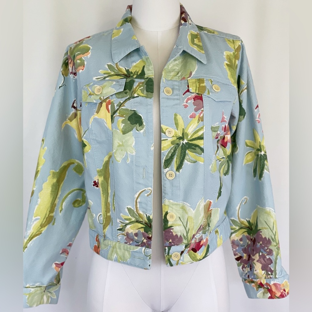 Floral Utility Jacket in Light Blue Tropical Watercolor Print